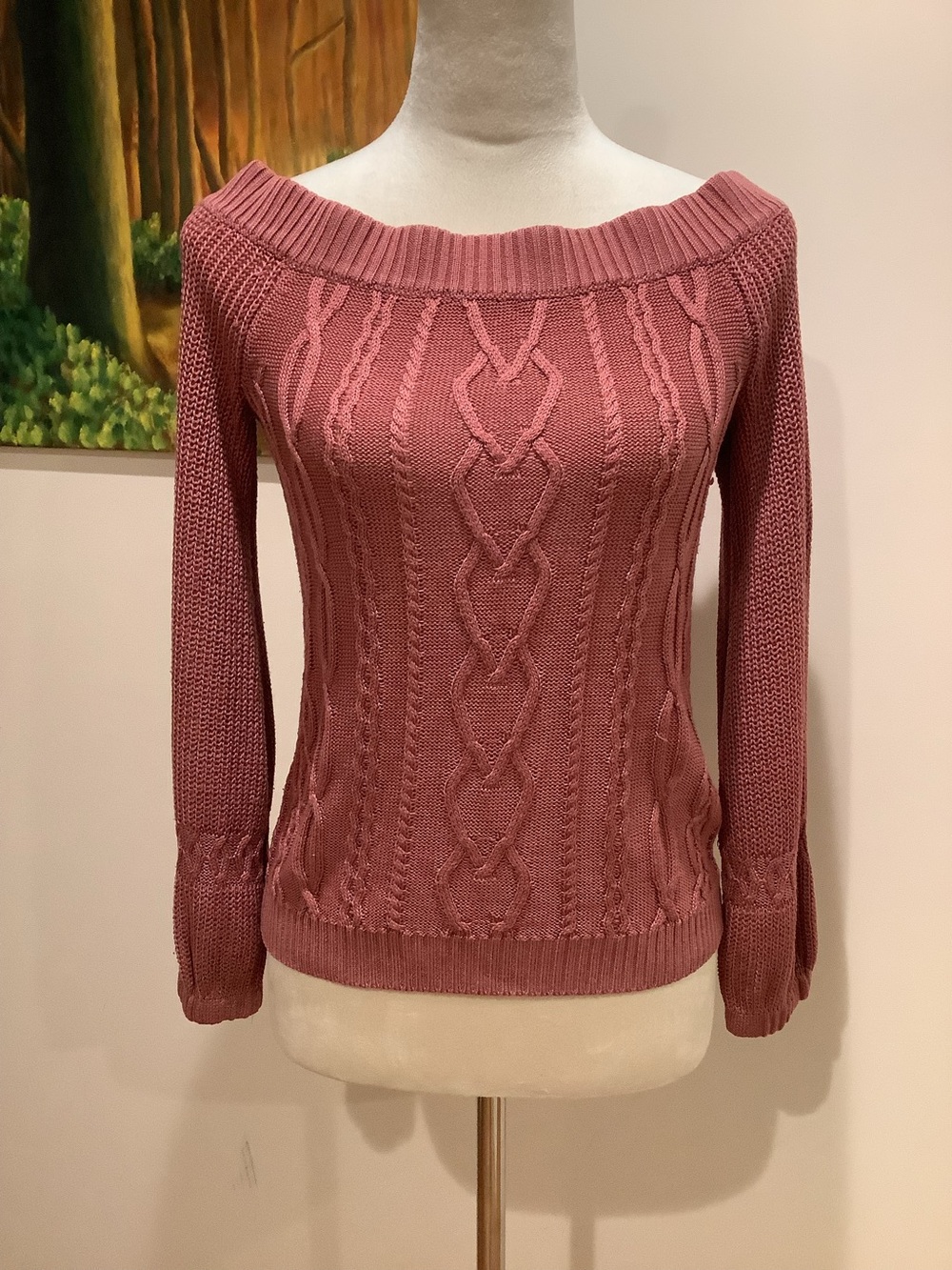 New York & Company Rose-Pink Off-Shoulder Cable Sweater Size S